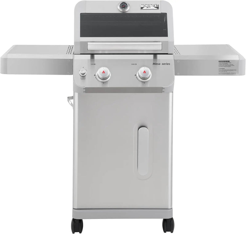Monument Grills 2-Burner Stainless Steel Liquid Propane Gas Grill, Two Foldable Shelves Patio Garden Barbecue Grill with Clearview® Lid, Knob Control, Mesa200S with BBQ Cover by GreenHaven Gardens