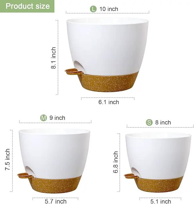 10/9/8 inch Medium Self Watering Pots, Planter, Plant Pots with Mesh Drainage Holes for Indoor Outdoor Garden Plants, Plastic Flower Pots with Removable Deep Reservoir, White with Brown by GreenHaven Gardens