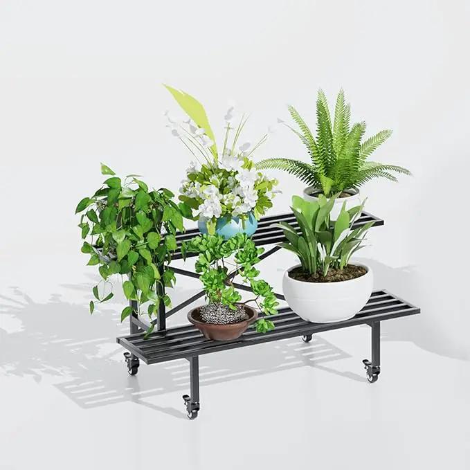 Zhongma 2 Tier Sturdy Metal Plant Stand with Wheels Heavy Duty Plant Holder for Home Indoor and Outdoor,L45.67 x W17.5 x H16.14 inch,440 LBS Capacity & Heavy Duty Construction by GreenHaven Gardens