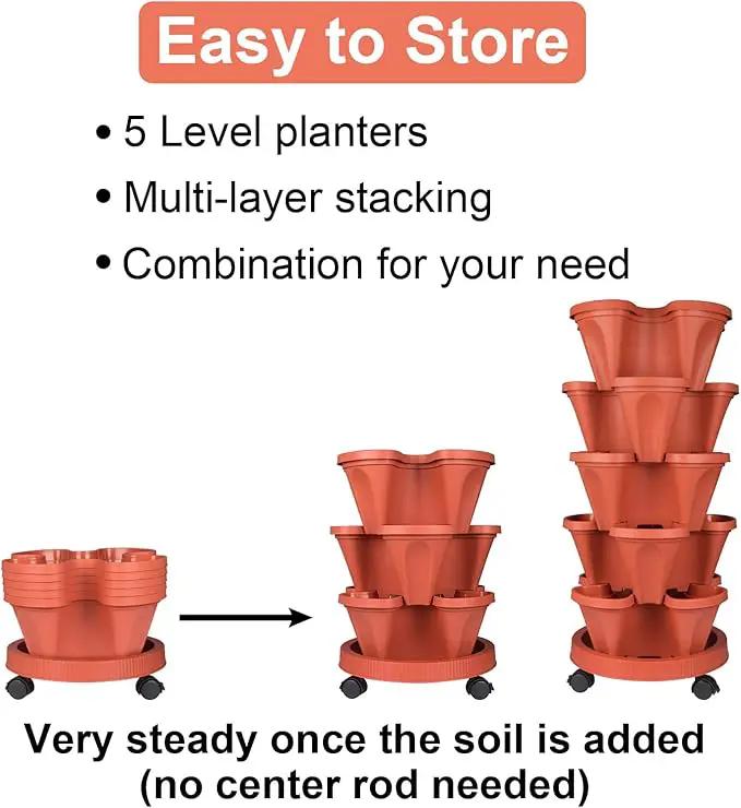 DUNCHATY Stackable Planters 5 Tier Vertical Garden Planting Tower Planters Strawberry, Herb, Flower, and Vegetable Planter Indoor Outdoor Gardening Pots with Removable Wheels and Tools by GreenHaven Gardens