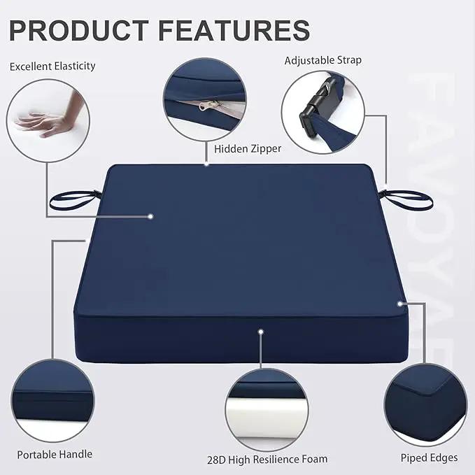 Favoyard Patio Chair Cushions 24 x 24 x 4 Inch Waterproof Outdoor Seat Cushions for Patio Furniture 3-Year Color Fastness Garden Sofa Couch Pads with Handle & Adjustable Straps Set of 2, Blue by GreenHaven Gardens