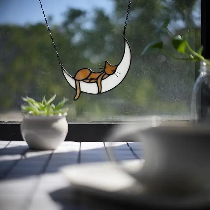 BOXCASA Sleeping Cat Stained Glass Windown Hanging,Yellow Cat on Moon Beautiful Handcrafted Sun Catcher Gifts for Daughter,Mothers Day,Christmas and Cat Lover by GreenHaven Gardens