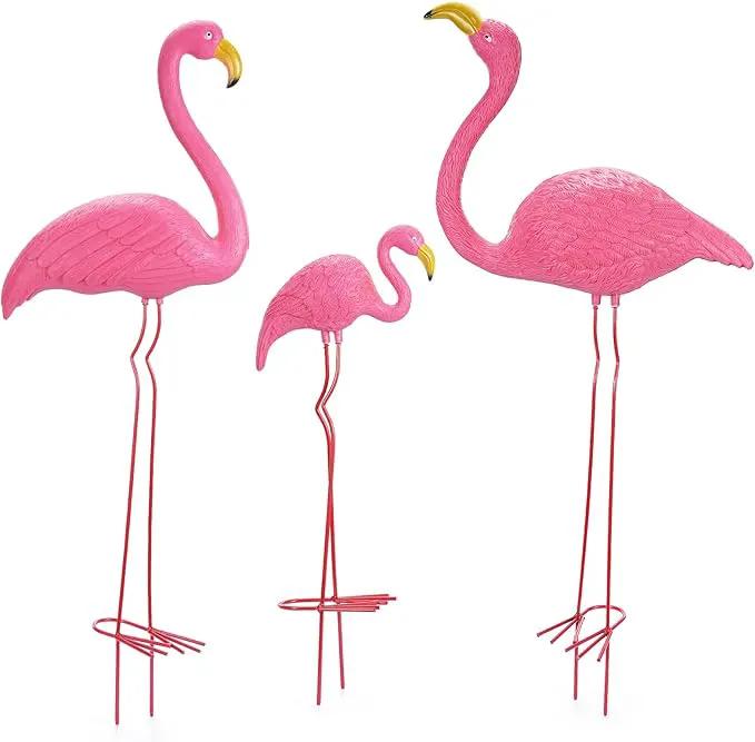 Ohuhu Family Flamingo Yard Ornaments, Set of 3 (32", 31", 19") Bright Pink Flamingos Ornaments with Metal Feet Stakes for Garden Yard Patio Party Decoration, Outdoor Decor Gardening by GreenHaven Gardens
