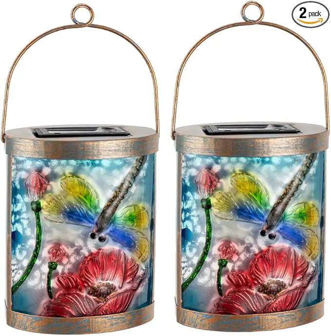 Starsoul 2 Pack Hanging Solar Lantern Outdoor Waterproof Glass Dragonfly and Lotus Decorative Solar Lights for Outside Garden Yard Table Patio Decor by GreenHaven Gardens