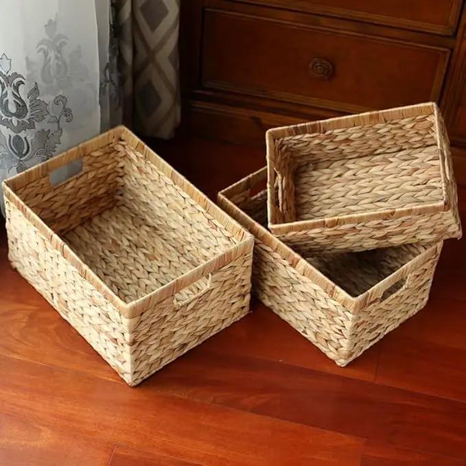 Basket Box Woven Natural Water hyacinth Rectangular with Handle,Kingwillow.(Small) by GreenHaven Gardens