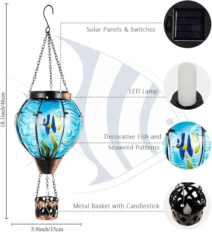 Blue Fish Hot Air Balloon Solar Lantern with Flickering Flame Light,Glass Hanging Solar Lanterns Outdoor Waterproof,Hot Air Balloon Decorative Lights for Patio Yard Porch Garden Gift for Women by GreenHaven Gardens