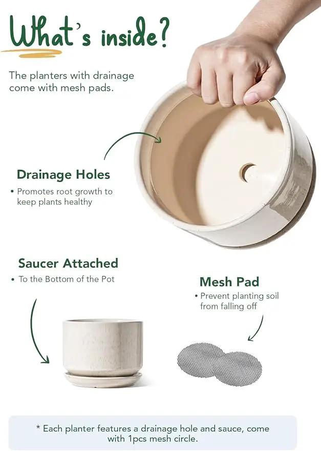 LE TAUCI Ceramic Plant Pots, 4.3+5.3+6.8 inch, Set of 3, Planters with Drainage Hole and Saucer, Indoor Flower Pot with Hole Mesh Pad, Gifts for Mom, Reactive Glaze Beige by GreenHaven Gardens