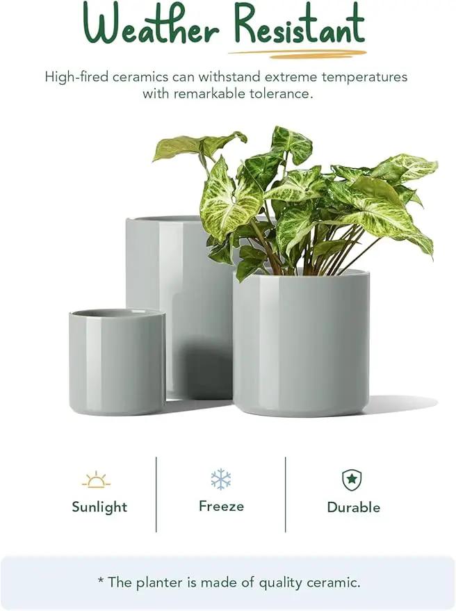 LE TAUCI Ceramic Plant Pots Indoor, 10+8+6 Inch Planters for Indoor Plants, Mid-Century Modern Flower Pots with Drainage Hole and Plug, Cylinder Round Planters, Set of 3, Blue Gray by GreenHaven Gardens