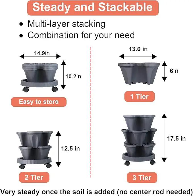 Vertical Planter 3 Tier Stackable Planters Garden Planters Strawberry Herb Flower and Vegetable Planter Indoor Outdoor Gardening Pots with Removable Wheels and Tools by GreenHaven Gardens