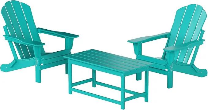 WO Home Furniture Adirondack Chairs Table Set of 3 PCS Outdoor Folding Chairs Coffee Table Weather/UV Resistant for Lawn, Garden, Bon Fire, Balcony (Turquoise) by GreenHaven Gardens