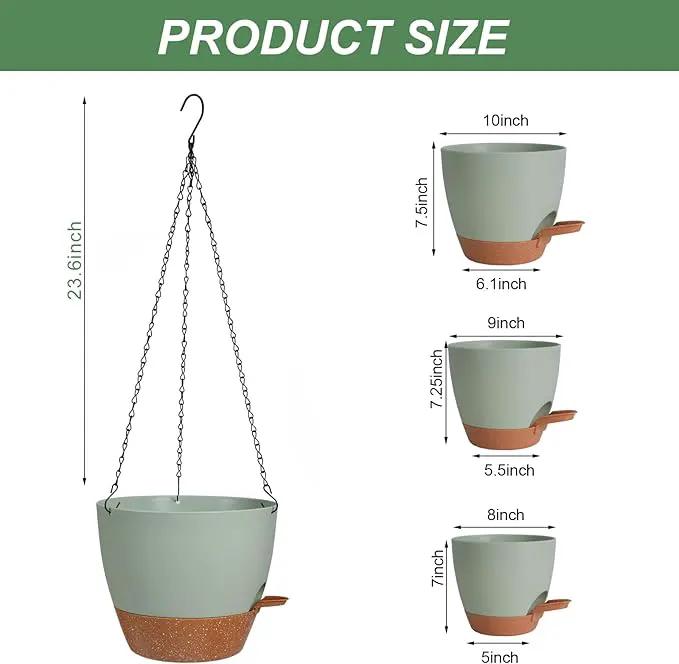 10/9/8 Inch Hanging Planter for Indoor Outdoor Plants, 3 Pack Self-Watering Hanging Pot with Drainage Holes Hanging Planter Baskets Plant Pots with Removable Tray (Green+Brown) by GreenHaven Gardens