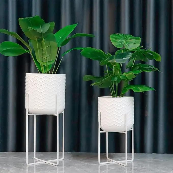 TRIROCKS Set of 2 Planters with Stand Indoor Outdoor Metal Plant Stand 18 &12" Tall Modern Planters Flower Pots for Living Room Corner Kitchen Office Garden Balcony Patio Decor(White) by GreenHaven Gardens