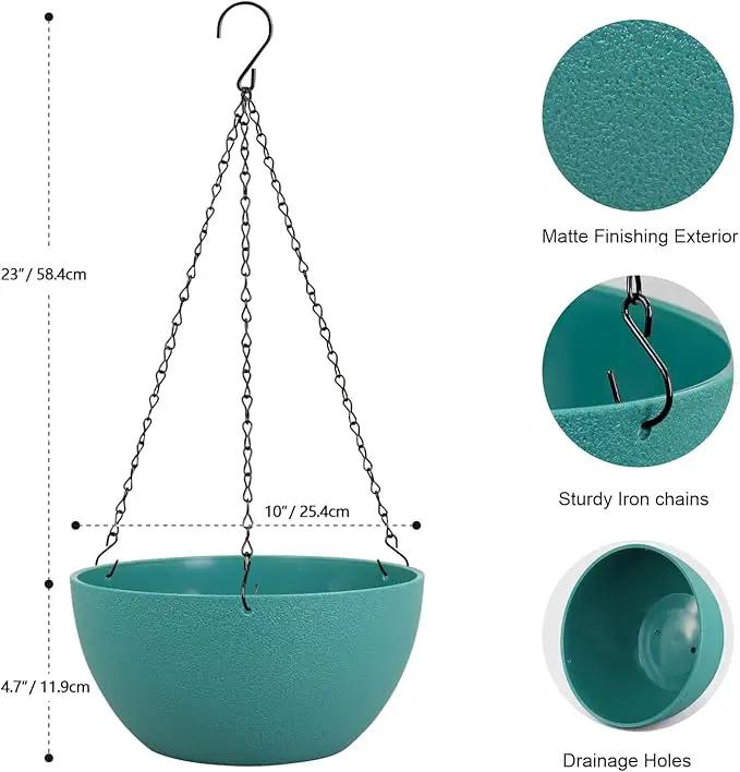 10 inch Hanging Planters for Indoor Outdoor Plants, 2 Pack Hanging Flower Pots with Drainage Holes and Chain for Garden Porch, Plastic Hanging Baskets for House Plants, Blue Green by GreenHaven Gardens