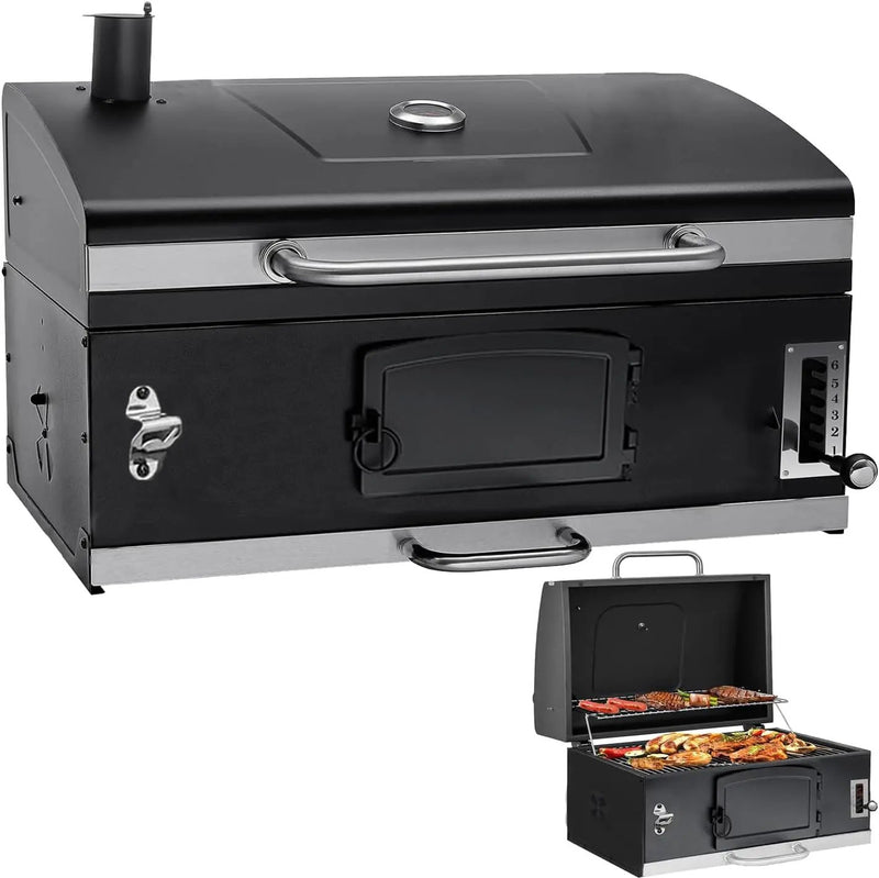29 In Large Charcoal bbq Grills, built-in barbecue grill with Liftable Tray, Insulated Hood & Temp Gauge, black Stainless Steel Charcoal BBQ barrel Grill for Outdoor Kitchen Camping park style by GreenHaven Gardens