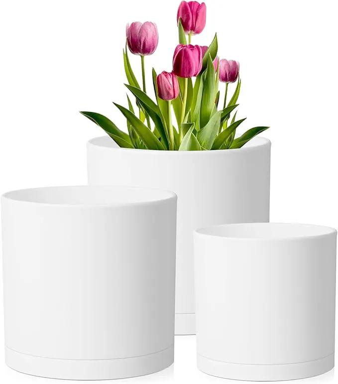12/10/8 inch Large Plant Pots, 3 Pack Deep Cylinder Flower Pots for Outdoor Indoor Plants, Tall Plastic Planters with Drainage Holes and Saucers for Garden House Plants, White by GreenHaven Gardens