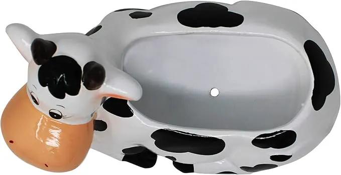 Cow Planter Pot - Cow Print Party Decoration Supplies - Garden Backyard Cow Stuff Statue - Flower Ceramic Succulent Planter - Plantador de Vacas - Large 9" with Drain by GreenHaven Gardens