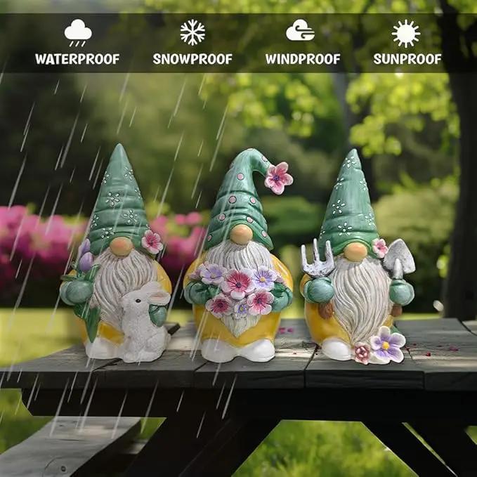 Garden Guardians Set of Three 6" Gardening Gnome Figurines, Floral Green and Yellow Statue Decor by GreenHaven Gardens