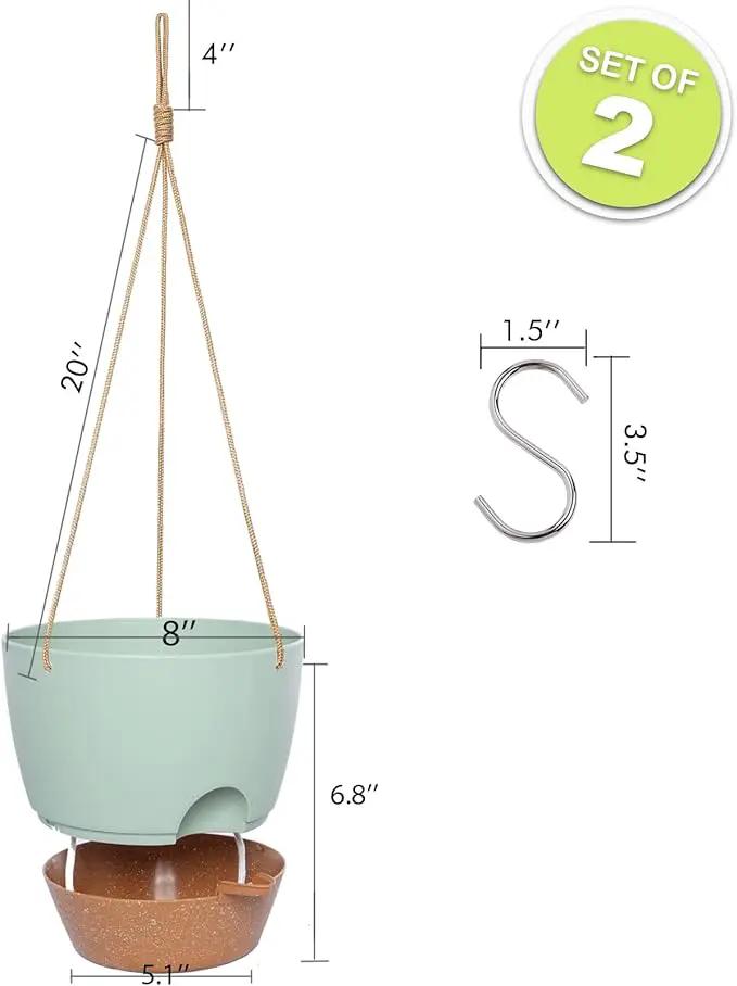 8 inch Hanging Planters, 2 Pack Self Watering Hanging Pots with 20oZ Deep Reservoir for Indoor Outdoor Plants Flowers, Green with Brown by GreenHaven Gardens