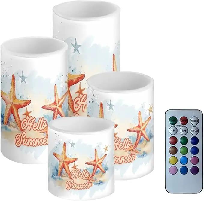Flameless LED Candles Electric Candles with Remote Timer Control Color Changing Long Lasting Tealights Fake Candles Set of 4, Beach Themed Home Decoration, Starfish Hello Summer by GreenHaven Gardens