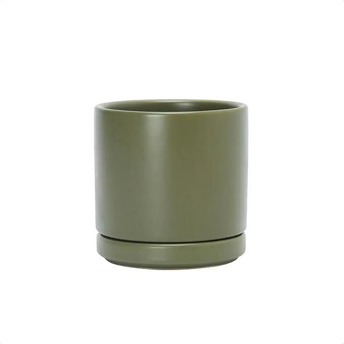 D'vine Dev 3.5 Inch Ceramic Planter Pot with Drainage Hole and Saucer, Indoor Cylinder Round Planter Pot, Olive, 94-O-A-J by GreenHaven Gardens
