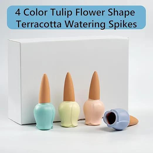 4 Pack Plant Watering Devices, Tulip Flower Shape Terracotta Watering Spikes, Vacation Self Watering Planter Insert, Terra Cotta Watering Spike for Indoor Outdoor Plants by GreenHaven Gardens