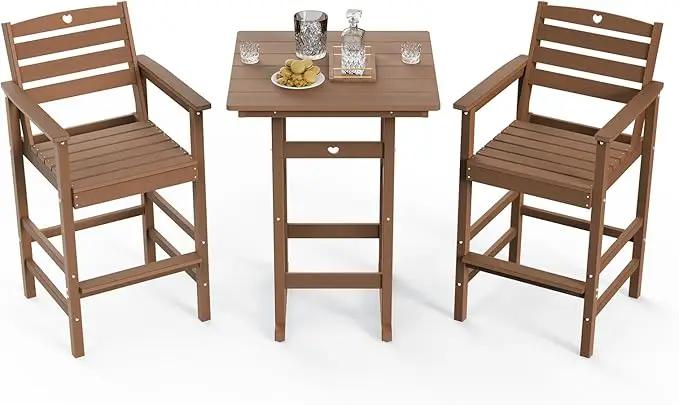 3-Piece Bar Height Patio Table and Chairs Set, HDPE Wood Grain Outdoor Bar Table and Chairs with Heart Cutout Design, Weather-Resistant Bar Height Furniture for Deck, Porch, Pool (Teak) by GreenHaven Gardens