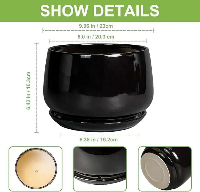 G EPGardening Ceramic Plant Pots - 9 Inch Round Planter, Ceramic Pots for Plants with Drainage and Tray, Flower Indoor Outdoor Planter, Modern Desk Decor, Plant Lover Gifts, Black by GreenHaven Gardens