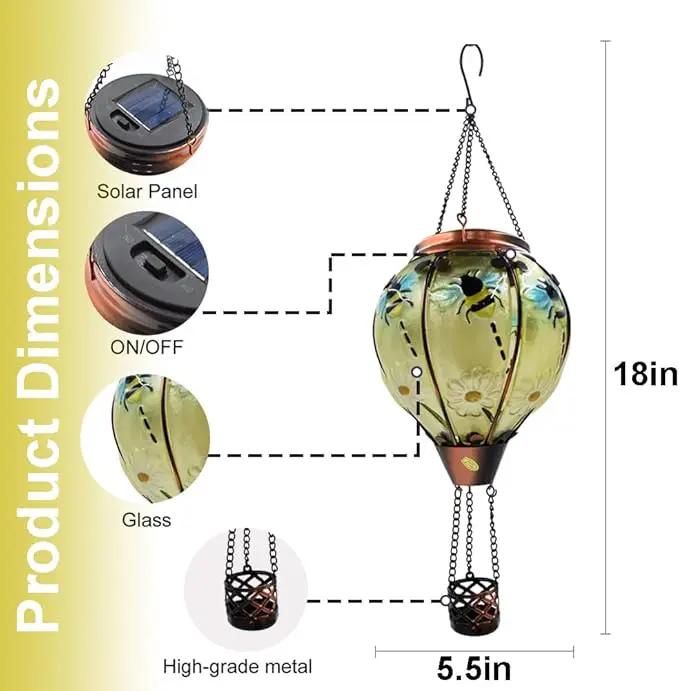 Hot Air Balloon Solar Lantern with Flickering Flame, Glass Hanging Garden Lights Outdoor Waterproof for Tree Yard Patio Mother's Day Gift, 18" H Bee by GreenHaven Gardens