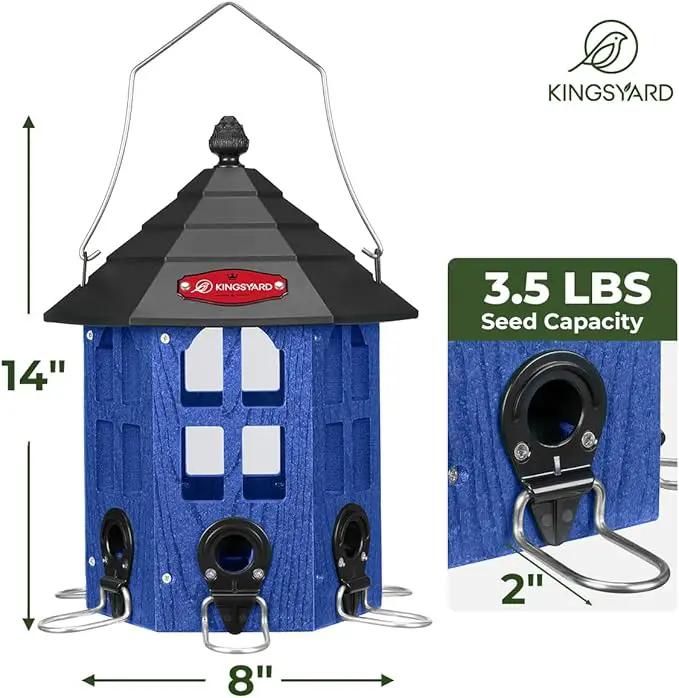 Kingsyard Wild Bird Feeder for Outdoor Hanging, Recycled Plastic Bird Feeders with 6 Ports & U-Shape Perch, Garden Yard Outside Decoration, 3.5 lbs Seed Capacity, Blue by GreenHaven Gardens