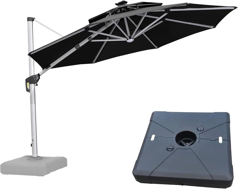 PURPLE LEAF 11ft Patio Umbrella With Base Solar powered LED Cantilever Umbrella with LED lights Windproof Outdoor Offset Umbrella for Garden Deck Pool Patio, Black by GreenHaven Gardens
