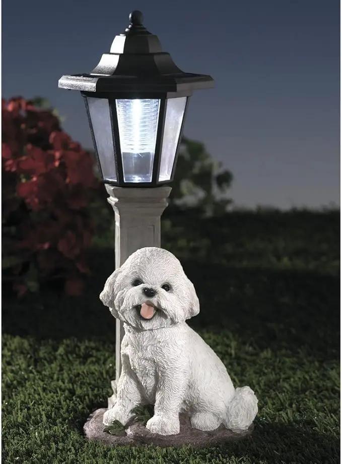 Bits and Pieces-Solar Bichon Lantern-Solar Powered Garden Lantern - Resin Dog Sculpture with LED Light by GreenHaven Gardens