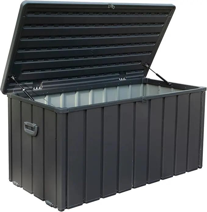 Domi 120 Gallon Deck Box, Patio Storage Box with Resin Lid, Steel Tool Waterproof Outdoor Storage Container for Outside Cushions, Lockable Outdoor Storage Bin for Garden and Pools Tools (Gray) by GreenHaven Gardens