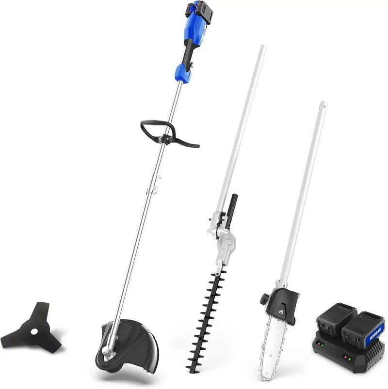 Wild Badger Power 40V Cordless Weed Wacker, String Trimmer/Edger, Hedge Trimmer and Brush Cutter Blade, Pole Saw, Attachment Capable 4-in-1 Multi-Tool Kit with 2 * 20V 4Ah Battery and 1 Charger, Blue by GreenHaven Gardens