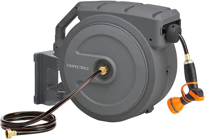 Giraffe Tools Metal Retractable Hose Reel 130 FT Wall Mounted Heavy Duty Hose Reel with 9 Pattern Nozzle 180 Deg Swivel, Metal Bracket Any Length Lock (1/2 130FT PRO, Dark Grey) by GreenHaven Gardens