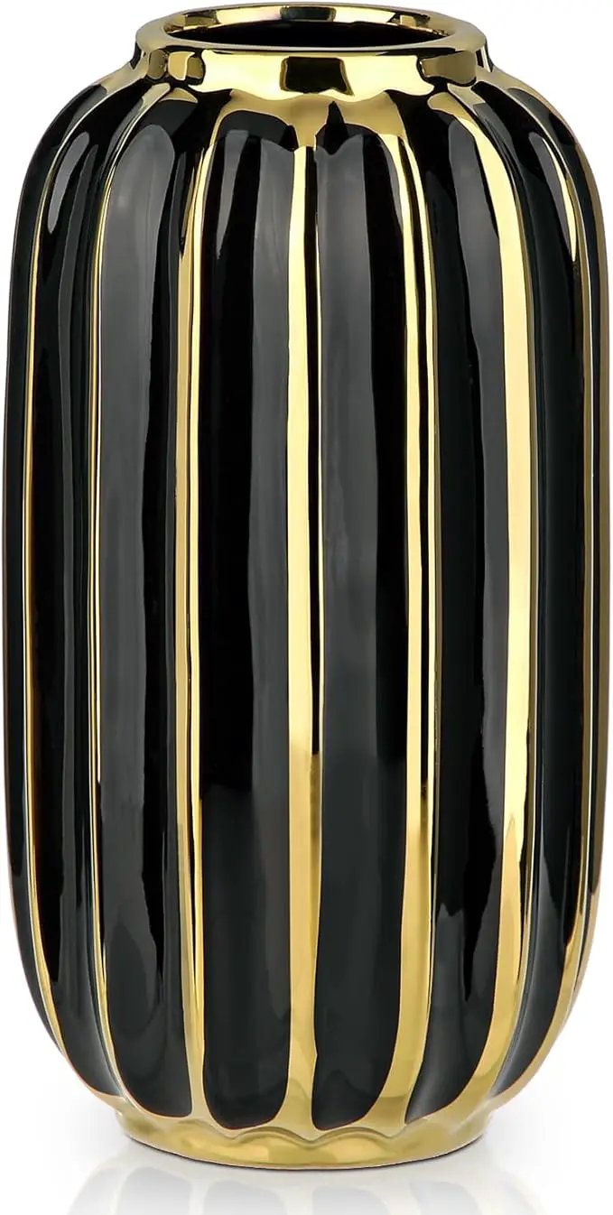 Briful Gold Plated Lantern Ceramic Vase Home Decor Creative Design Porcelain Decorative Flower Vase 8.66'' Black Ceramic Vases for Wedding Anniversary Decoration by GreenHaven Gardens