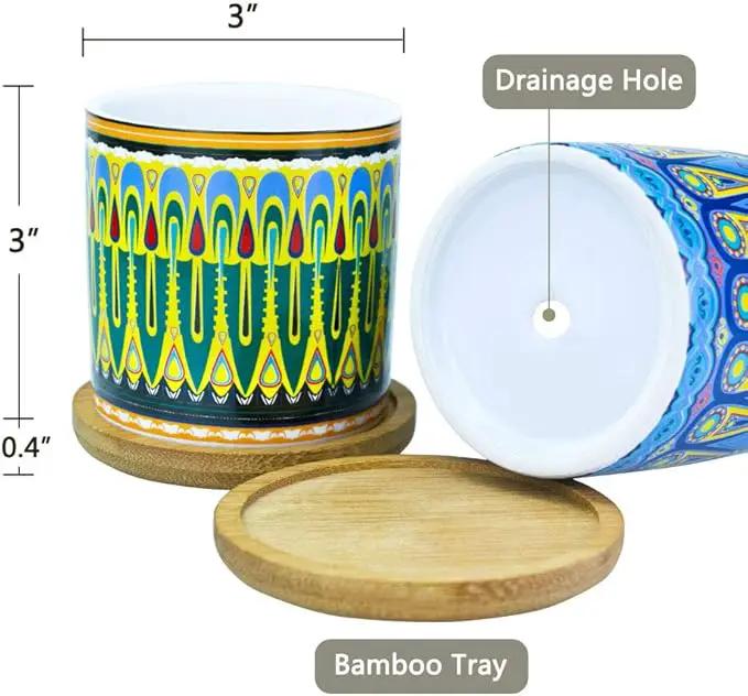 Mandala Succulent Pot with Drainage Hole & Bamboo Coaster, Small Plant Pots, Bohemian Ceramic Succulent Planter Pot for Small Plant-6 Pack by GreenHaven Gardens