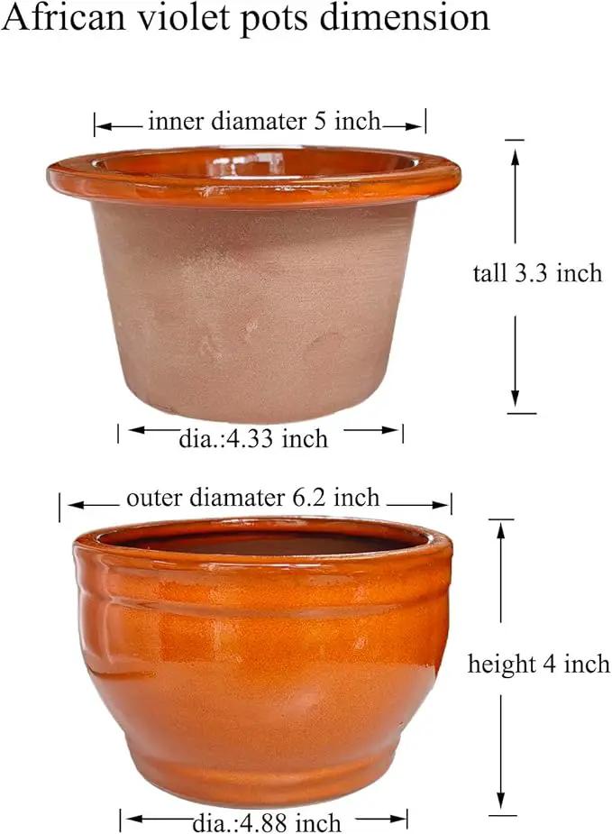 African Violet Pots Self Watering Round Ceramic Violet Pot (Orange, 6 inch) by GreenHaven Gardens