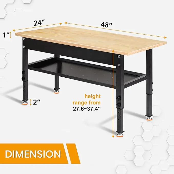 48"/60'' Adjustable Workbench, Rubber Wood Work Bench Heavy-Duty with Partition,2000 LBS Load Capacity Hardwood Work Table for Garage, Workshop, Home, Office, Easy Assembly (w/partition,48'') by GreenHaven Gardens