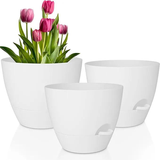 Plant Pots 12/10/9 Inch Self Watering Pots, Set of 3 Plastic Planters with Drainage Holes and Saucers,Plastic Flower Pots,Nursery Planting Pot for Indoor Out Door Plants(Pure White) by GreenHaven Gardens