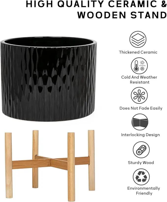 LaDoVita Ceramic Plant Pot with Stand, 10 Inch Planter with Wood Shelf, Modern Round Flower Pots Indoor with Wood Planter Holder, Black Water Ripple Pattern by GreenHaven Gardens