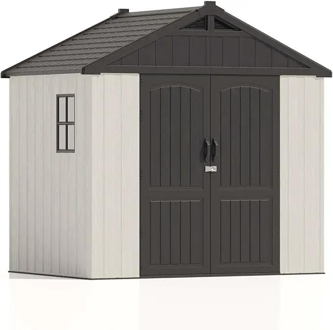 Patiowell 8 x 6 FT Plastic Outdoor Storage Shed with Floor, Resin Shed with Window and Lockable Door for Garden, Backyard, Tool Storage Use, Easy to Install in Beige (Kick-it Shed) by GreenHaven Gardens