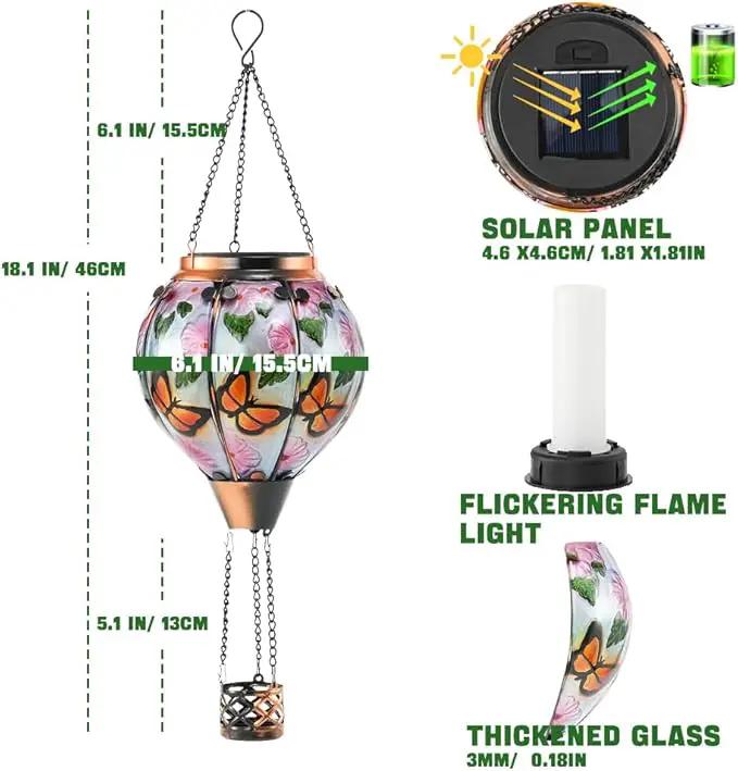 Hot Air Balloon Solar Lantern - Butterfly Stained Glass Lantern with Simulated Flickering Flame, Outdoor Hanging Yard Light Waterproof IP65 & Weather Resistant for Garden Patio Lawn Porch Decor Gfit by GreenHaven Gardens