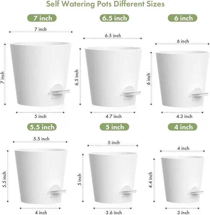 7/6.5/6/5.5/5/4 inch Self Watering Pots for Indoor Outdoor Plants, 6 Pack Plastic Flower Planters with Drainage Holes and Removable Saucers, Plant Pots with Wicking Rope, Modern Decor, White by GreenHaven Gardens