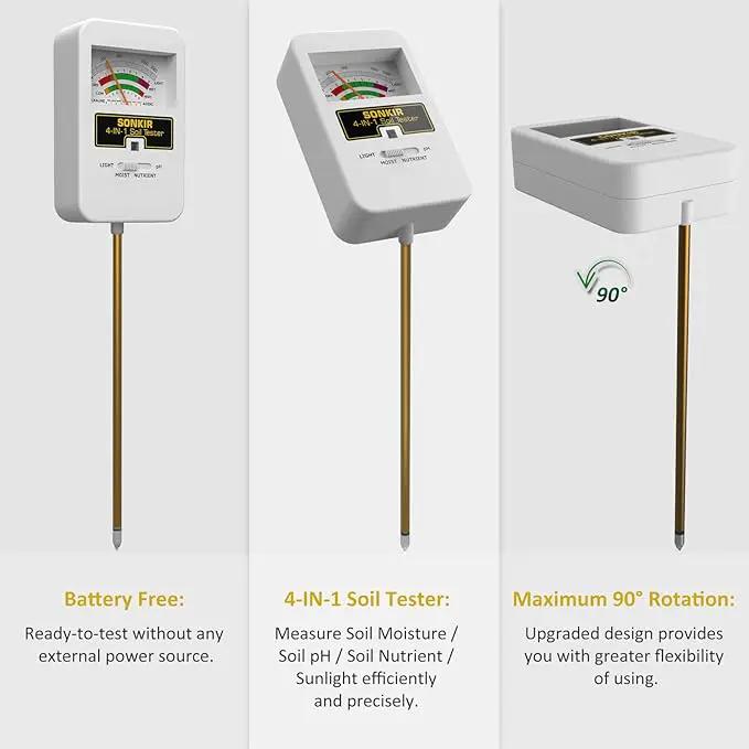 Soil Moisture Meter, 4-in-1 Soil Ph Meter, Soil Tester for Nutrients, Moisture, PH and Light, Soil Ph Test Kits for Plant, Great for Garden, Lawn, Indoor & Outdoor Use (No Battery Required) by GreenHaven Gardens