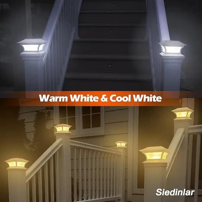 SIEDiNLAR Solar Post Lights Outdoor Glass LED Fence Cap Light 2 Modes for 4x4 5x5 6x6 Posts Deck Patio Garden Decoration Warm White/Cool White Lighting White (4 Pack) by GreenHaven Gardens