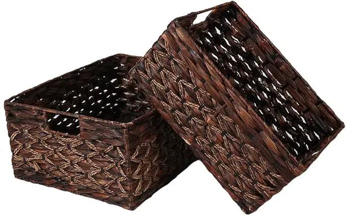 Rectangular Woven Water Hyacinth Basket,Dark Storage Basket With Inside Handle Shelves Kitchen Office Desk (Set of 2) by GreenHaven Gardens