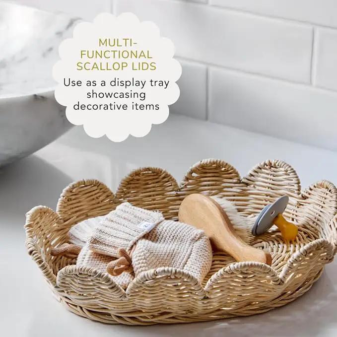 BEBE BASK The Original Scalloped Basket Set Of 2 – Small Scallop Basket - 15 x 10 x 6 In - Hand-Woven & Award-Winning - Elegant Wicker With Scalloped Edge Lid - Nursery Storage - (Natural) by GreenHaven Gardens