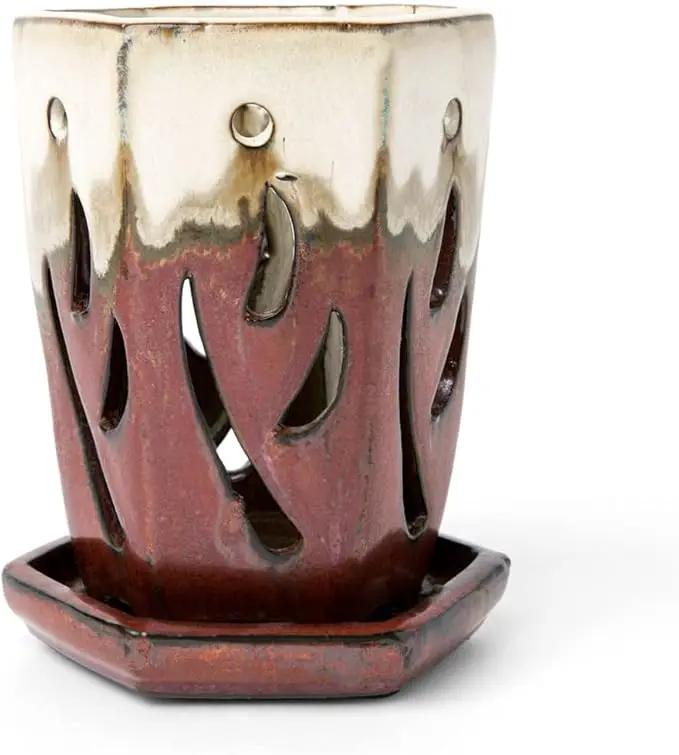 rePotme 4 x 6 inch Ceramic Orchid Pot (Honey Cream Over Copper) - Hexagon Orchid Pot with Holes by GreenHaven Gardens