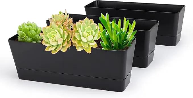 GREANER Black Rectangle Window Boxes, 3 Pack 12x3.8 Inch Herb Planters with Tray, Indoor Succulent Cactus Mint Plastic Pot for Windowsill, Garden Balcony, Office Outdoor Decoration by GreenHaven Gardens