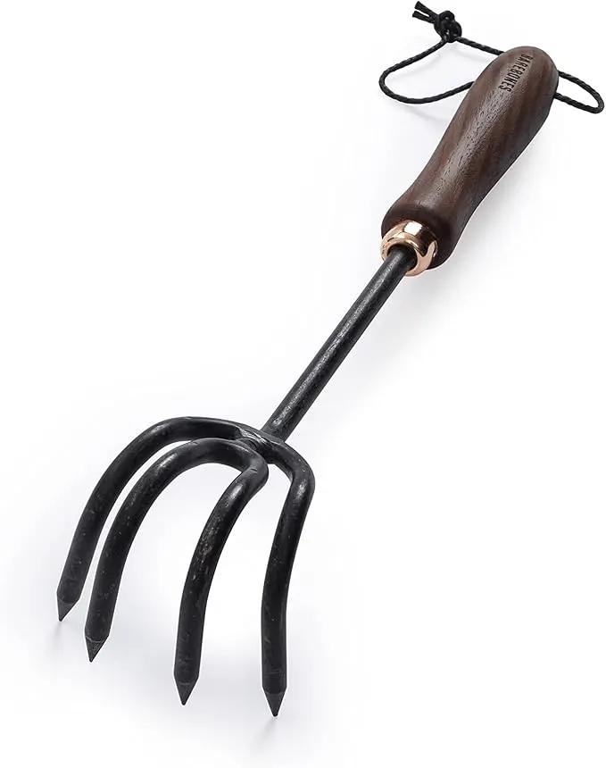 Barebones Cultivator - Weed Remover Tool - Garden Rake and Weeding Tool for Yard Work - Stainless Steel Cultivator for Raking Soil (Walnut/Black) by GreenHaven Gardens